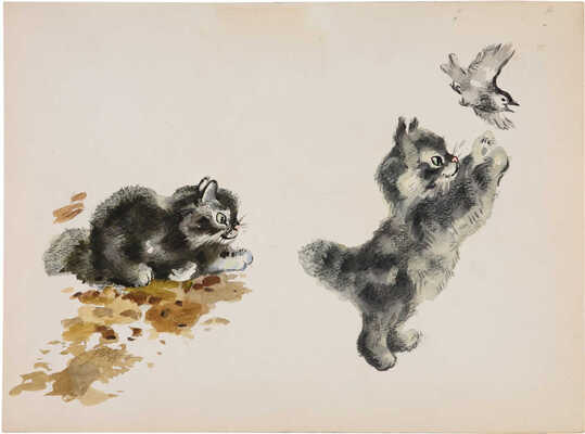 Неизвестный художник. "... Даже не тюпает - боится спугнуть. Близко-близко подполз да как прыгнет - прыг! Как схватит... Да не схватил..." (копия с рисунка Е. И. Чарушина)